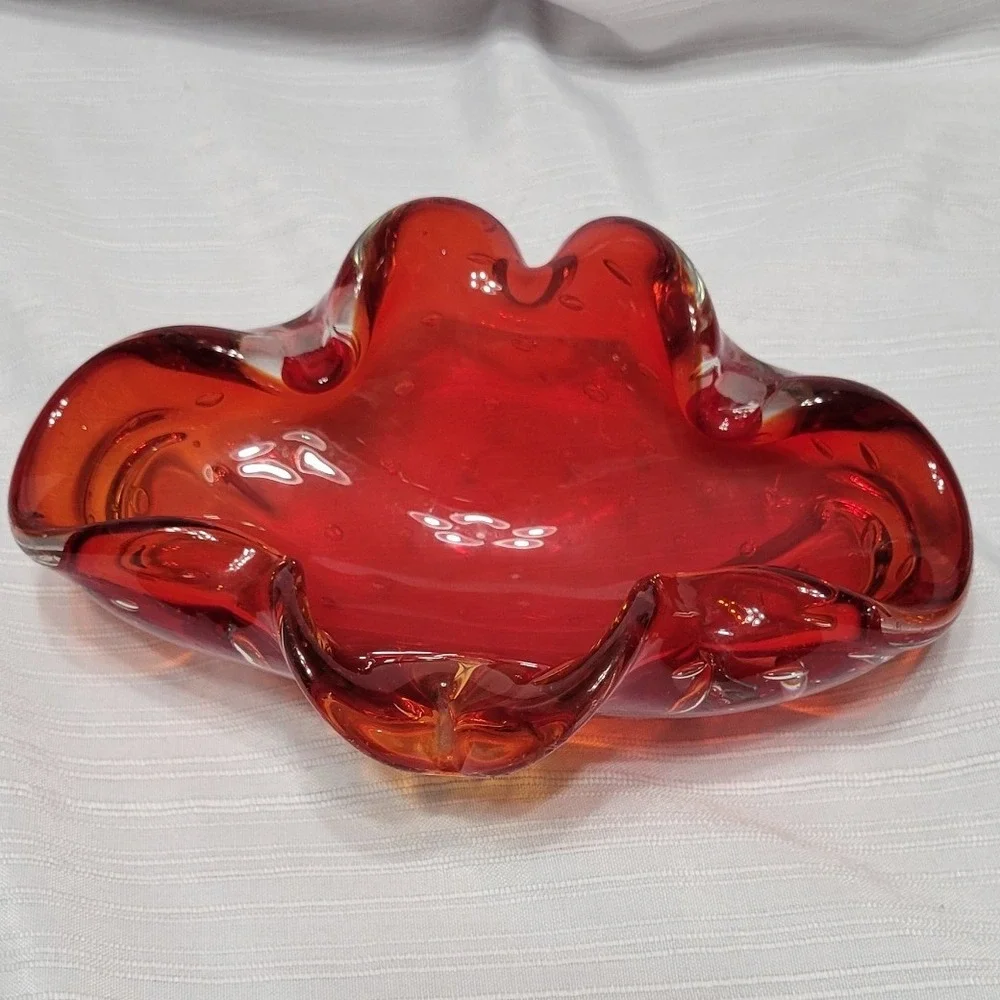 Vintage Murano Style Red Amber Art Glass Controlled Bubble Bowl Ashtray MCM